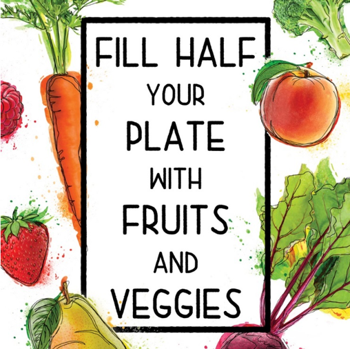 Graphic image with text saying "Fill half your plate with fruits and veggies" 