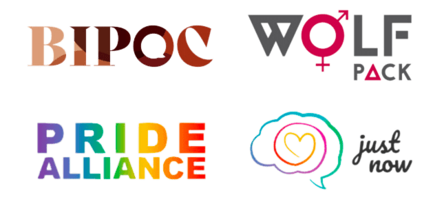 A group of logos that represent Compass Group Canada's Diversity and Inclusion Action Councils, including Wolf Pack, Pride Alliance, BIPOC, and Just Now